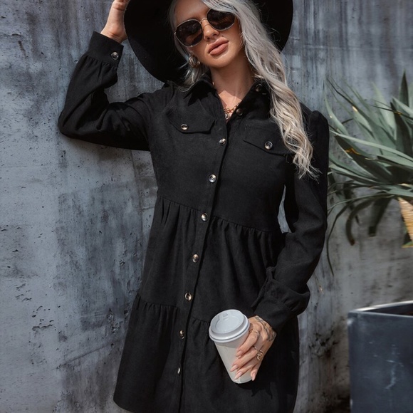 BLACK Corduroy button down   long sleeVe dress - Picture 10 of 13